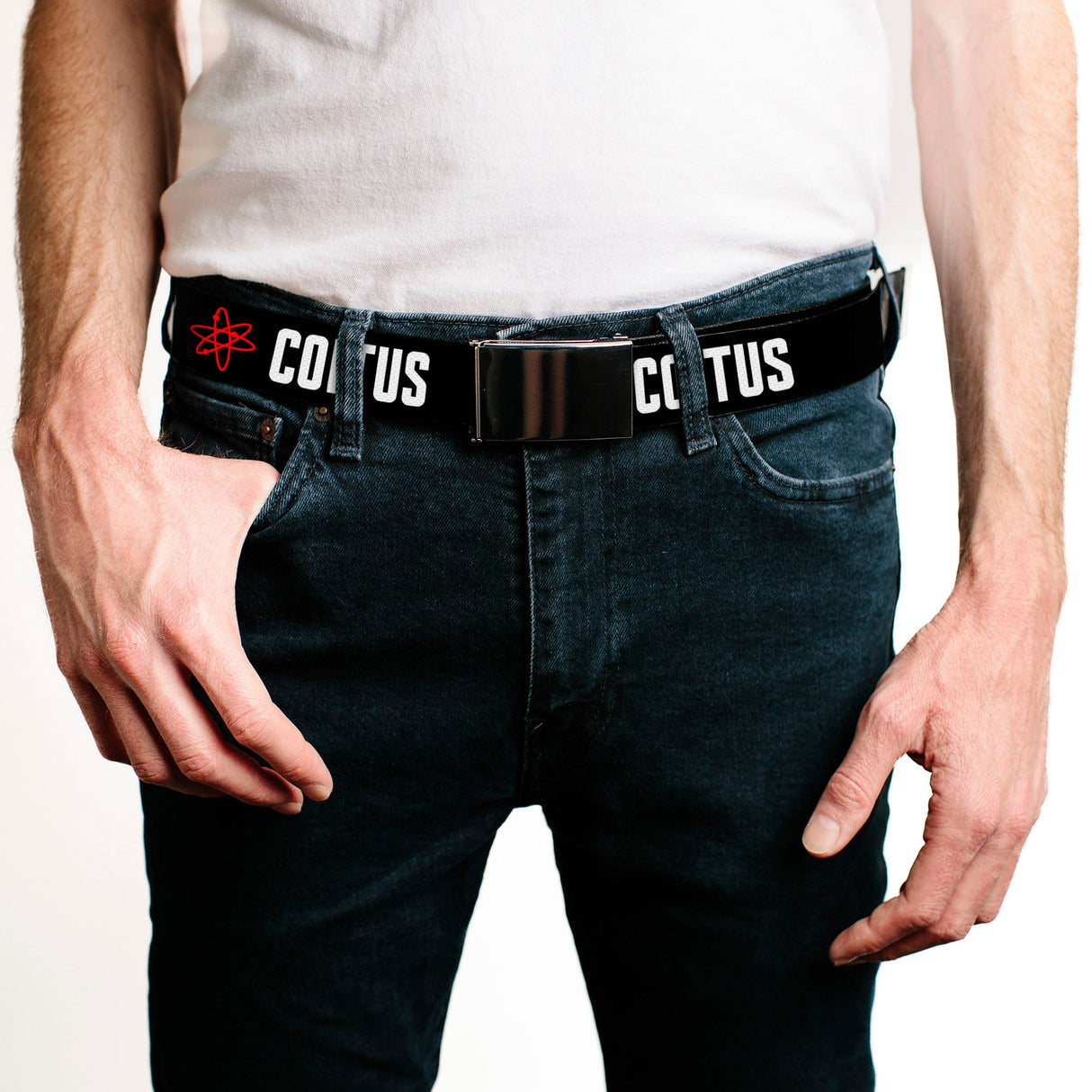 Chrome Buckle Web Belt - I "ATOM" COITUS Black/White/Red Webbing