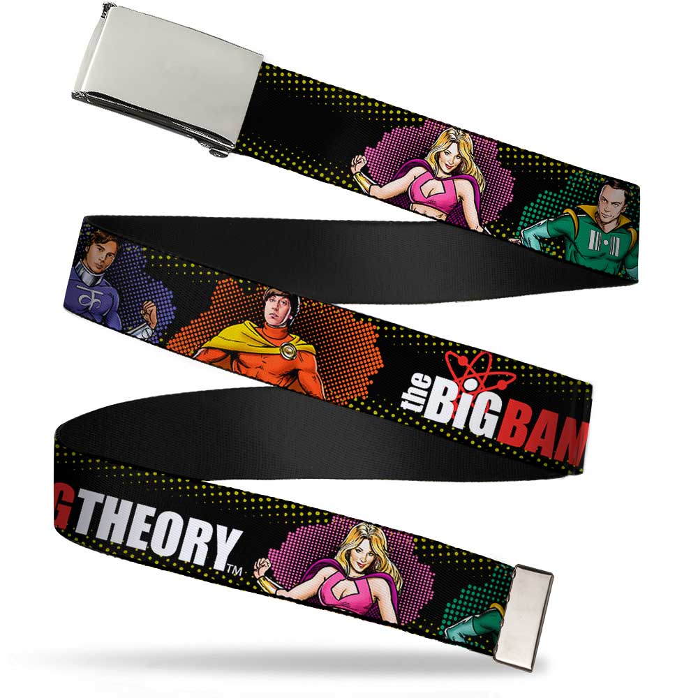 Chrome Buckle Web Belt - THE BIG BANG THEORY Superhero Character Poses Black Webbing