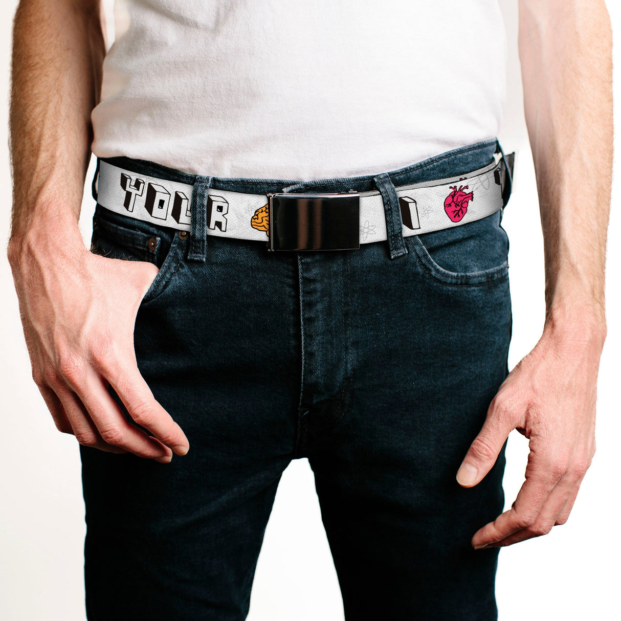 Chrome Buckle Web Belt - I "HEART" YOUR "BRAIN" Sketch Webbing