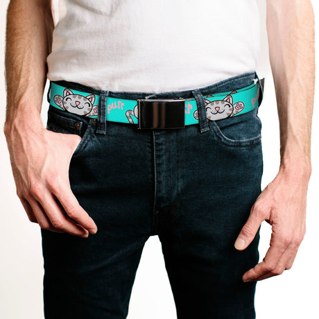 Chrome Buckle Web Belt - Soft Kitty Poses Pale Turquoise/Pink Webbing