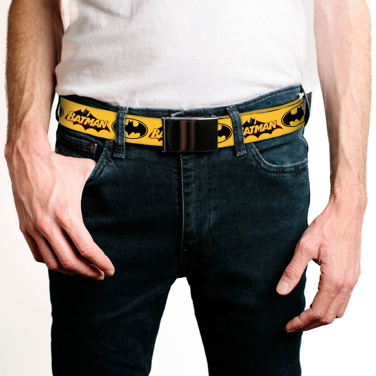 Chrome Buckle Web Belt - Vintage Batman Logo & Bat Signal-3 Yellow Webbing