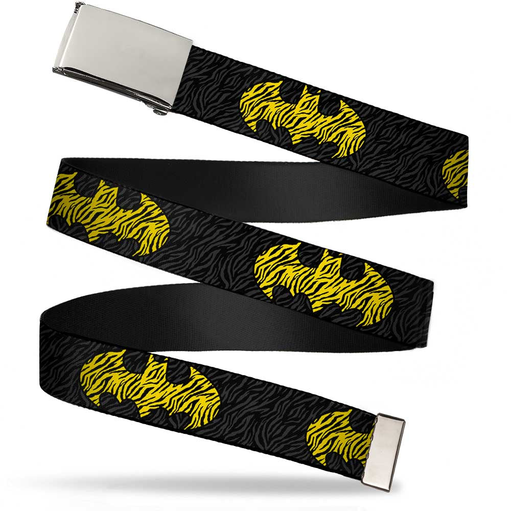 Chrome Buckle Web Belt - Zebra Bat Signal Black/Gray/Yellow/Black Webbing