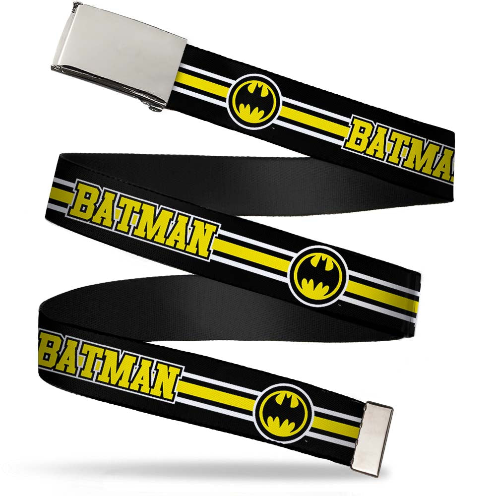 Chrome Buckle Web Belt - BATMAN/Bat Signal Triple Stripe Black/White/Yellow Webbing