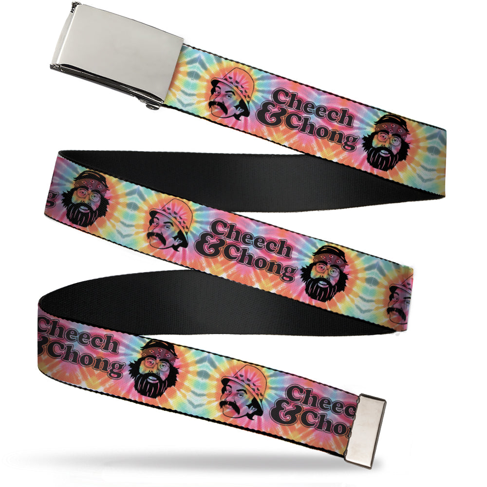 Chrome Buckle Web Belt - CHEECH & CHONG Caricature Faces2 Tie Dye Multi Color/Black Webbing