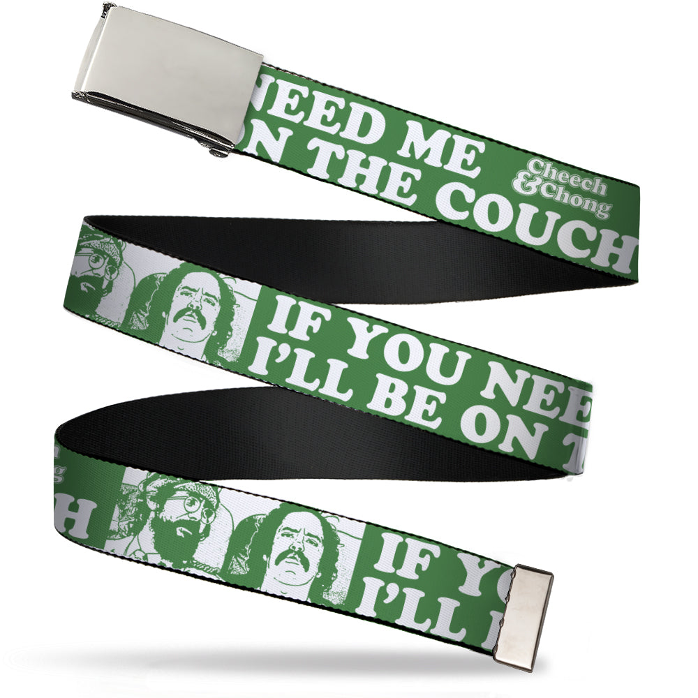 Chrome Buckle Web Belt - CHEECH & CHONG Pose IF YOU NEED ME I'LL BE ON THE COUCH Green/White Webbing