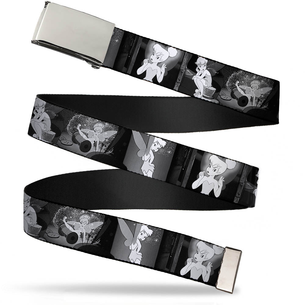 Chrome Buckle Web Belt - Tinker Bell Scenes Black/White Webbing