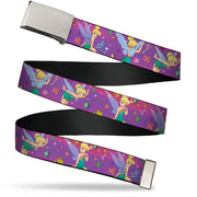 Web Belt Blank Chrome Buckle - Tinker Bell Poses/Flowers/Stars/Skull Purple Webbing