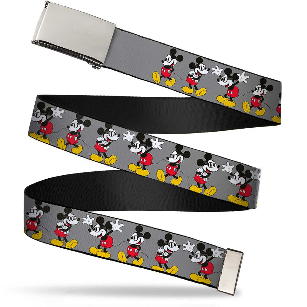 Chrome Buckle Web Belt - Mickey Mouse w/Glasses Poses Gray Webbing