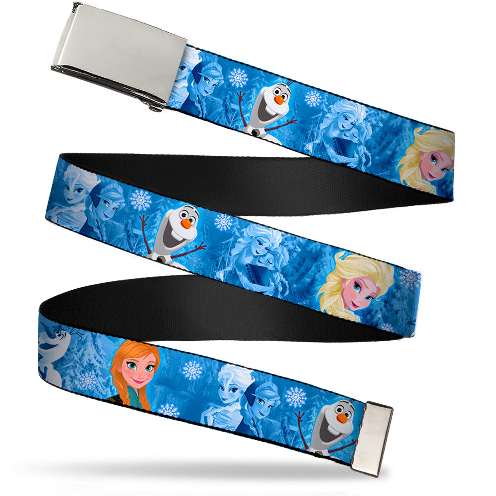 Chrome Buckle Web Belt - Frozen Character Poses Blues Webbing