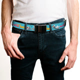 Chrome Buckle Web Belt - Olaf Pose I LOVE WARM HUGS Stripe Blues Webbing