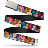 Chrome Buckle Web Belt - Disney Princess Poses/Castle Silhouettes Purples/Multi Color Webbing