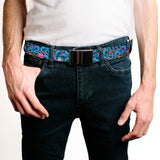 Chrome Buckle Web Belt - Stitch Expressions/Hibiscus Flower/Ukulele Stacked Blues Webbing