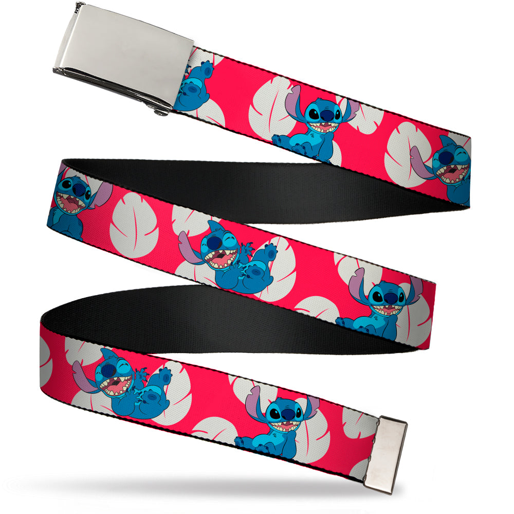 Web Belt Blank Chrome Buckle - Lilo & Stitch Stitch 4-Poses/Lilo Dress Leaves Red/Ivory Webbing