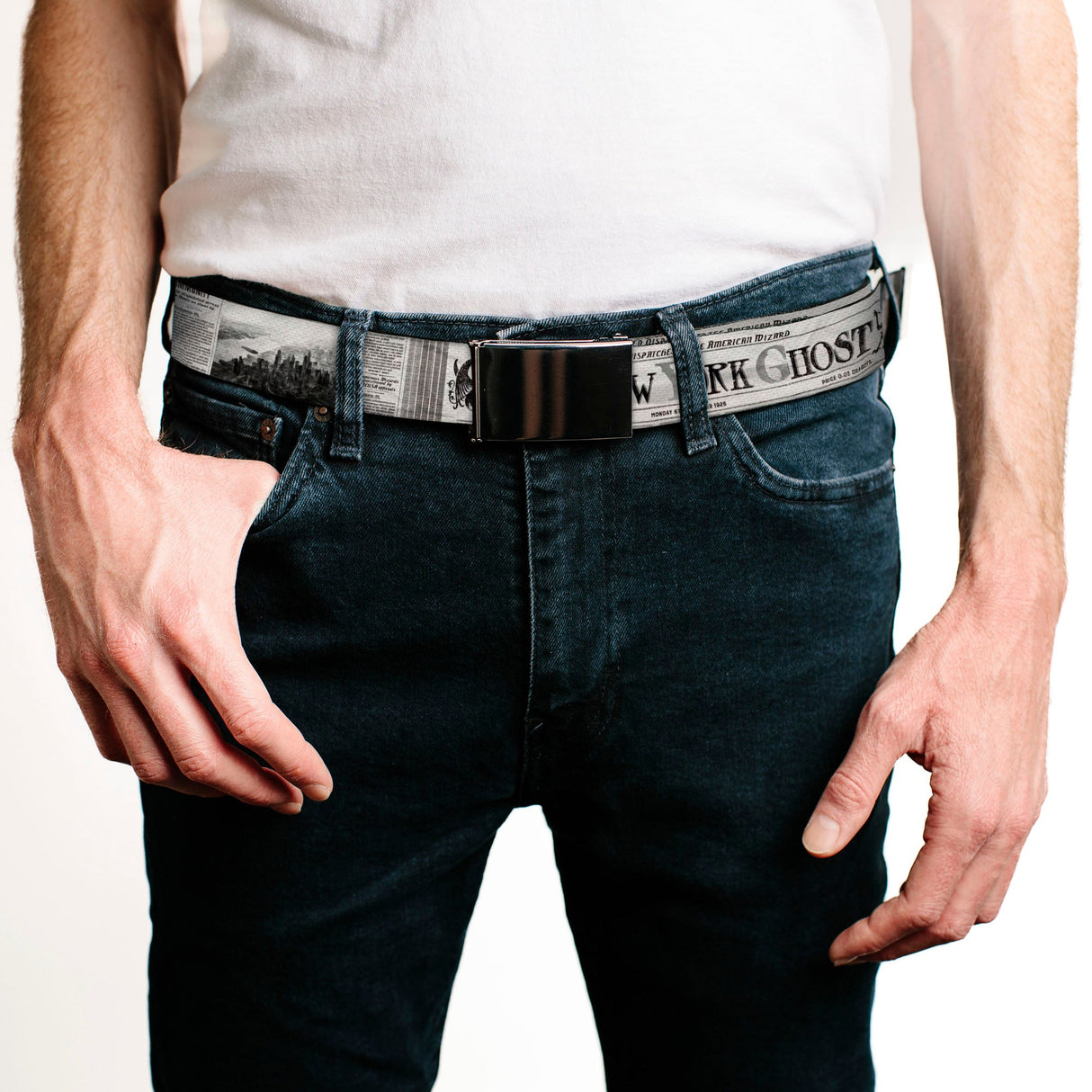 Chrome Buckle Web Belt - THE NEW YORK GHOST Newspaper Headlines White/Grays/Black Webbing