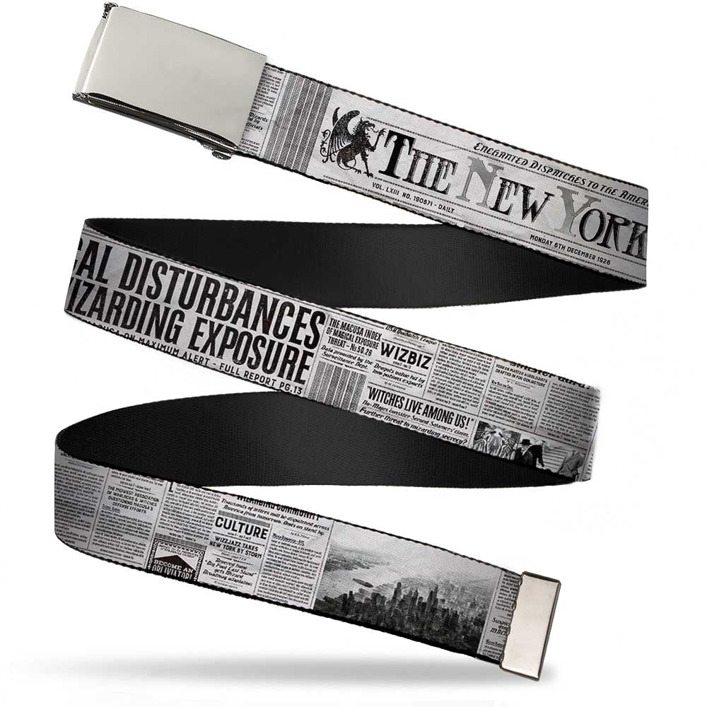 Chrome Buckle Web Belt - THE NEW YORK GHOST Newspaper Headlines White/Grays/Black Webbing