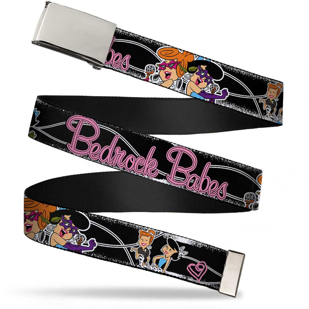 Chrome Buckle Web Belt - Wilma & Betty Glam Poses BEDROCK BABES Black/Pink Webbing