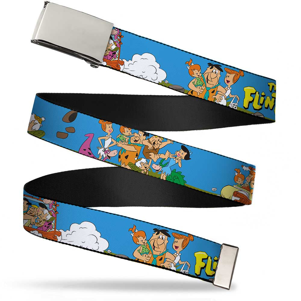 Chrome Buckle Web Belt - The Flintstones and Rubbles Group Pose/Logo Blue Webbing