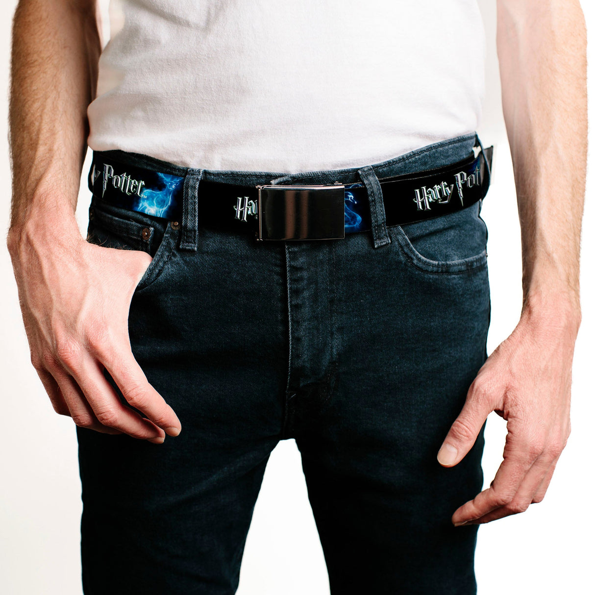 Chrome Buckle Web Belt - HARRY POTTER/Animal Spirits Black/White/Blue Webbing