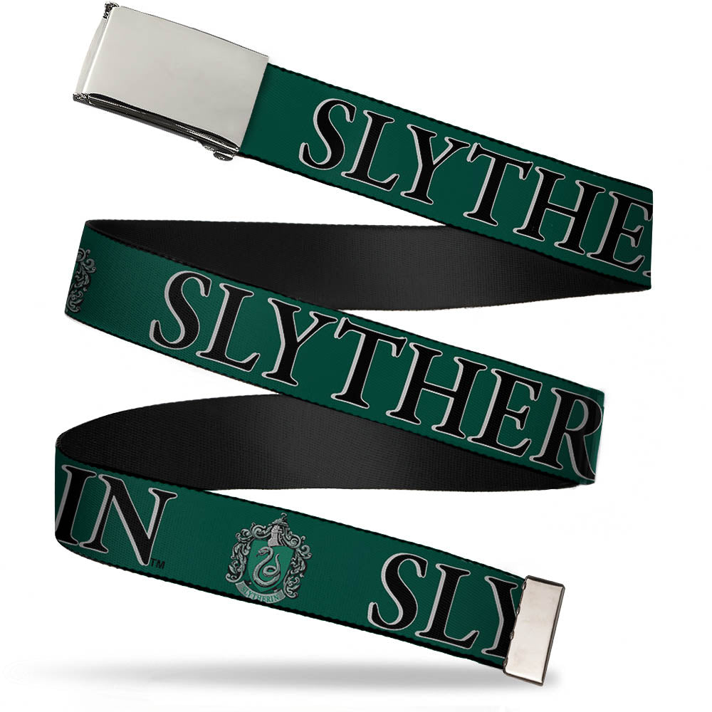 Chrome Buckle Web Belt - Harry Potter SLYTHERIN & Crest Green/Black Webbing