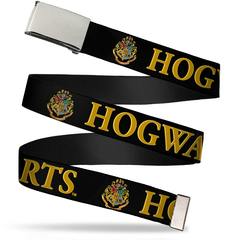 Chrome Buckle Web Belt - Harry Potter HOGWARTS & Crest Black/Gold Webbing