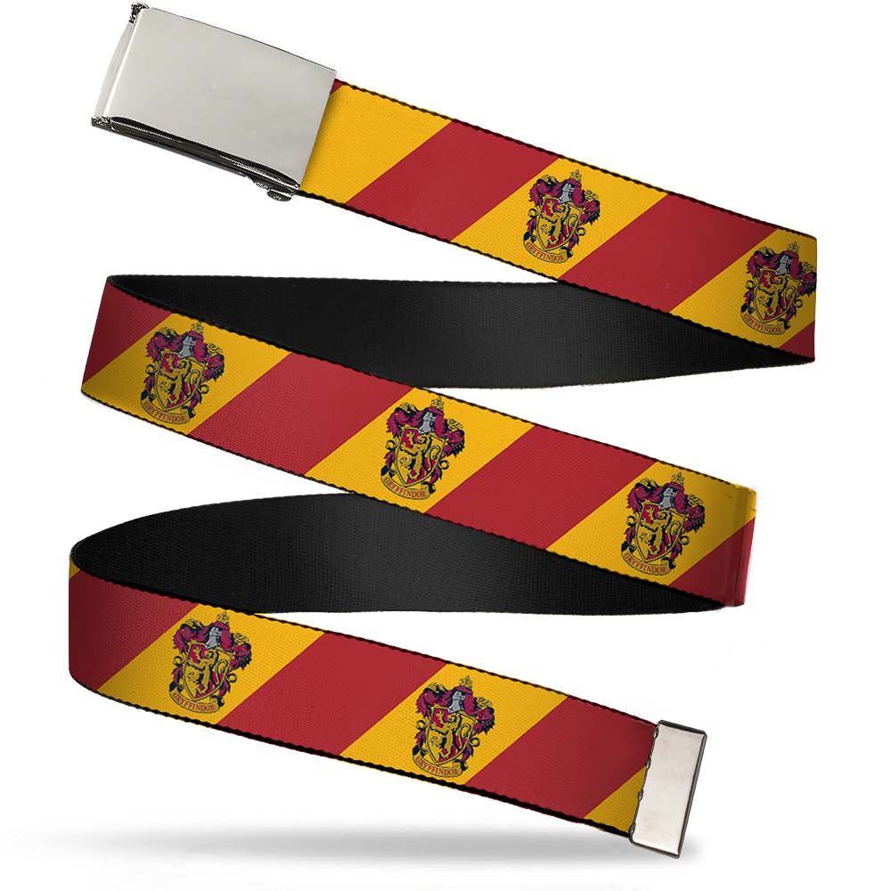 Chrome Buckle Web Belt - GRYFFINDOR Crest Diagonal Stripe Gold/Red Webbing