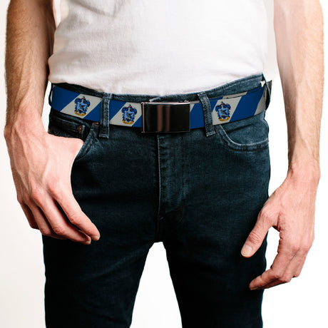 Chrome Buckle Web Belt - RAVENCLAW Crest Diagonal Stripe Gray/Blue Webbing