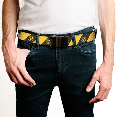 Chrome Buckle Web Belt - HUFFLEPUFF Crest Diagonal Stripe Charcoal Gray/Yellow Webbing