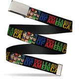 Chrome Buckle Web Belt - JUSTICE LEAGUE OF AMERICA w/Superhero Blocks Black/Multi Color Webbing