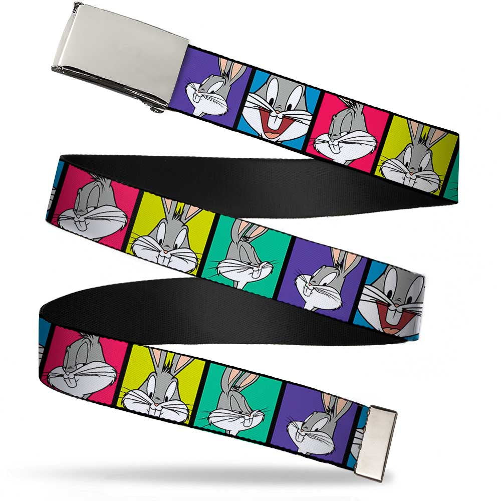 Chrome Buckle Web Belt - Bugs Bunny Expression Blocks Multi Color Webbing