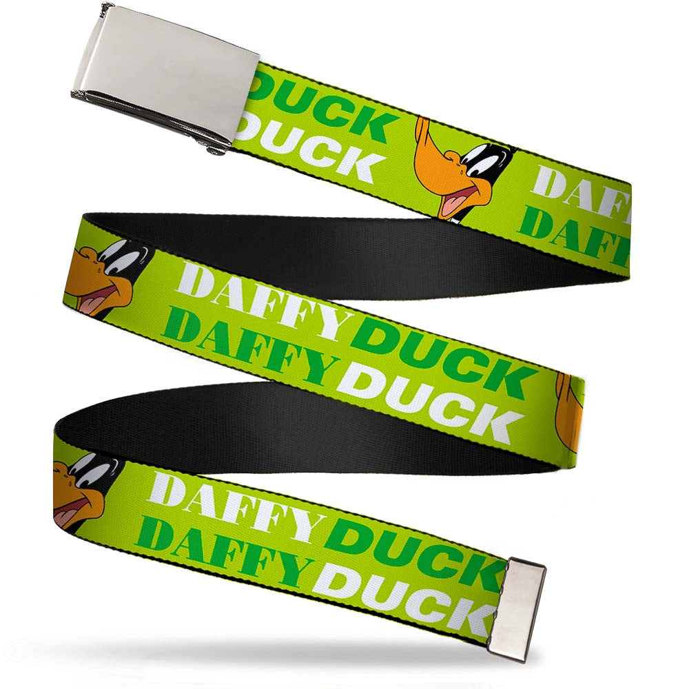 Chrome Buckle Web Belt - DAFFY DUCK w/Face CLOSE-UP Greens Webbing