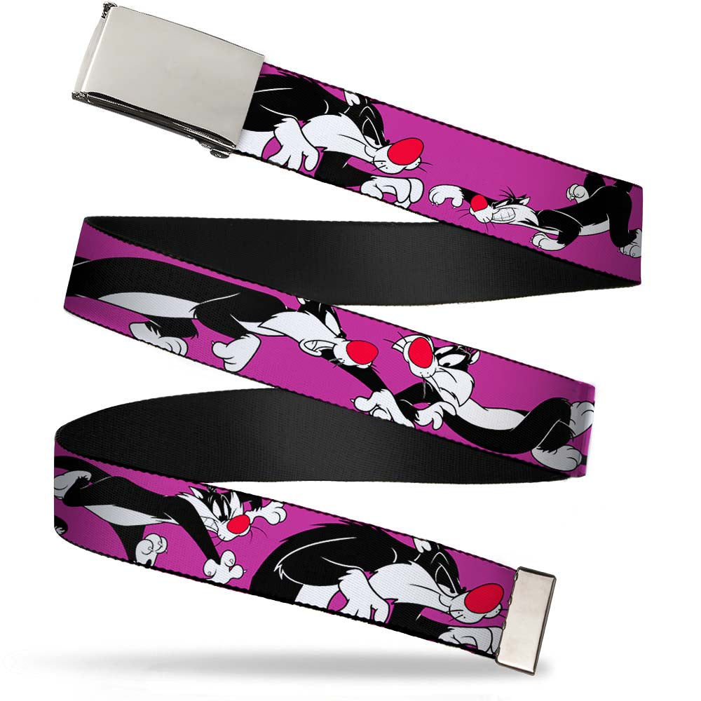 Chrome Buckle Web Belt - Sylvester the Cat Poses Purple Webbing