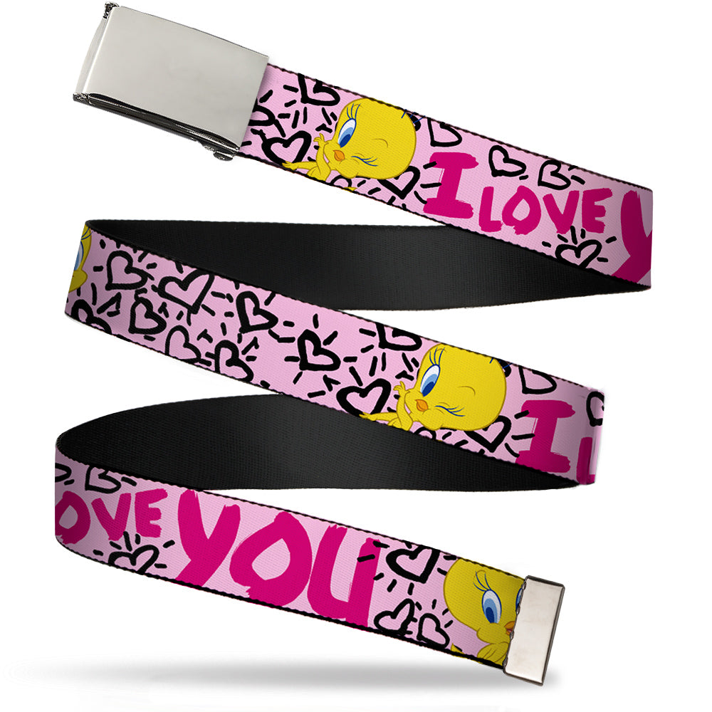 Chrome Buckle Web Belt - Tweety Bird I LOVE YOU Pink/Black Webbing