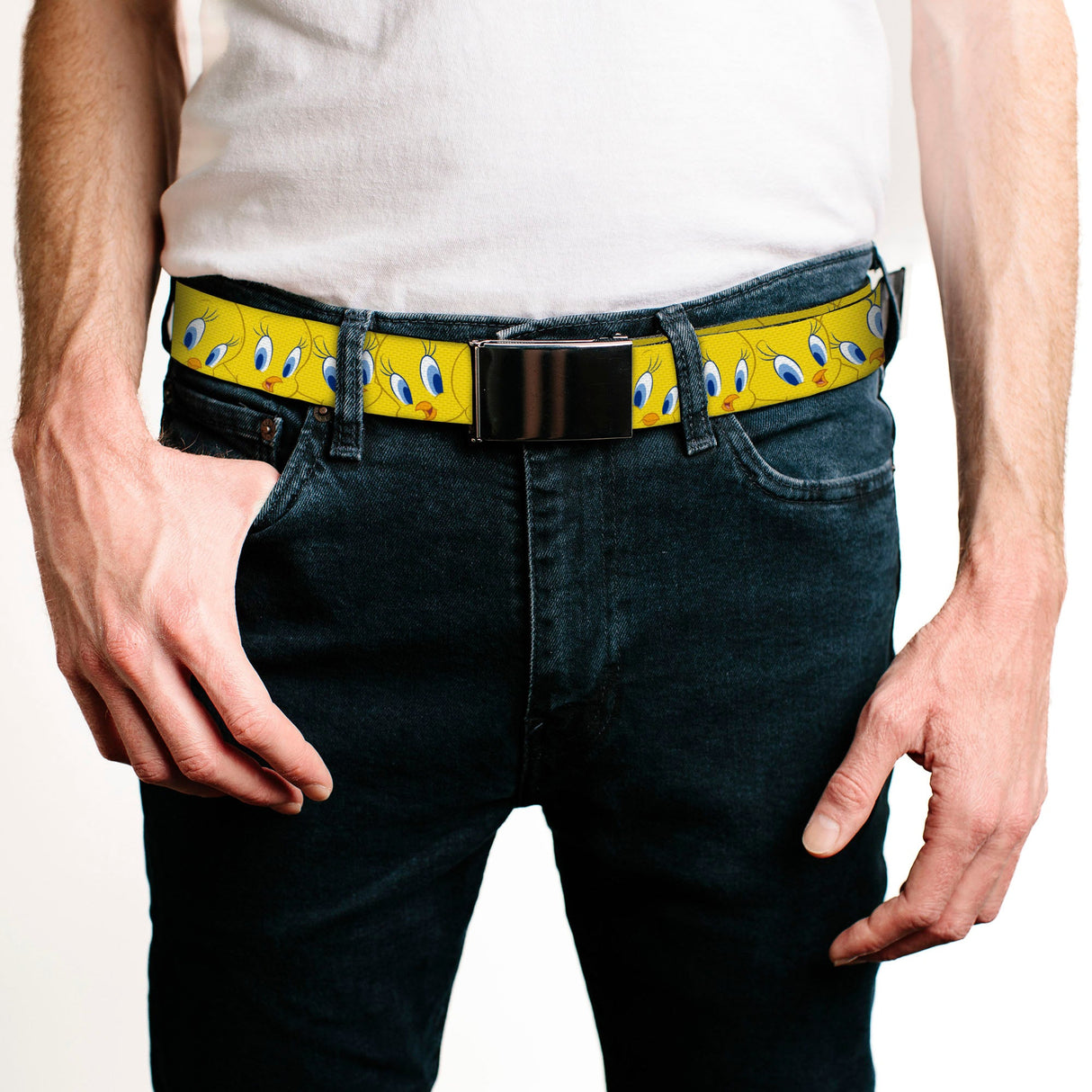 Chrome Buckle Web Belt - Tweety Bird Expressions Yellow Webbing