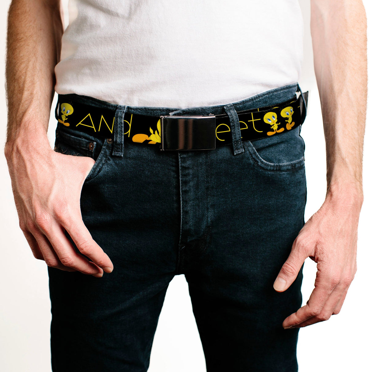 Chrome Buckle Web Belt - Tweety Bird Poses CUTE AND SWEET Black/Yellow Webbing