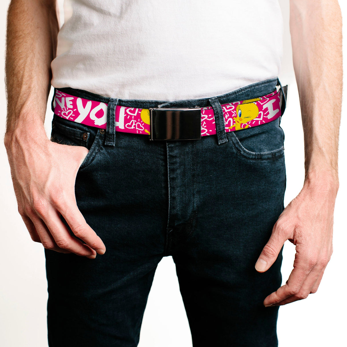 Chrome Buckle Web Belt - Tweety Bird I LOVE YOU Fuchsia/White Webbing