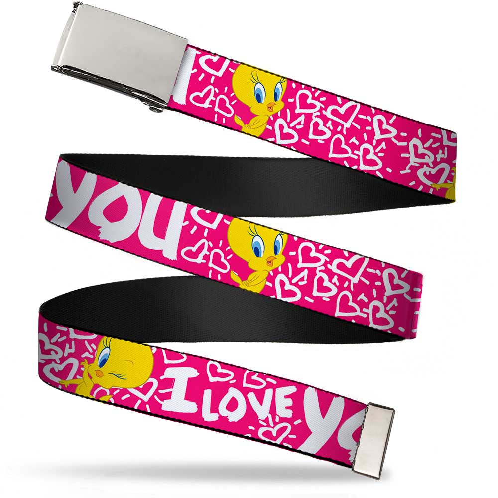 Chrome Buckle Web Belt - Tweety Bird I LOVE YOU Fuchsia/White Webbing