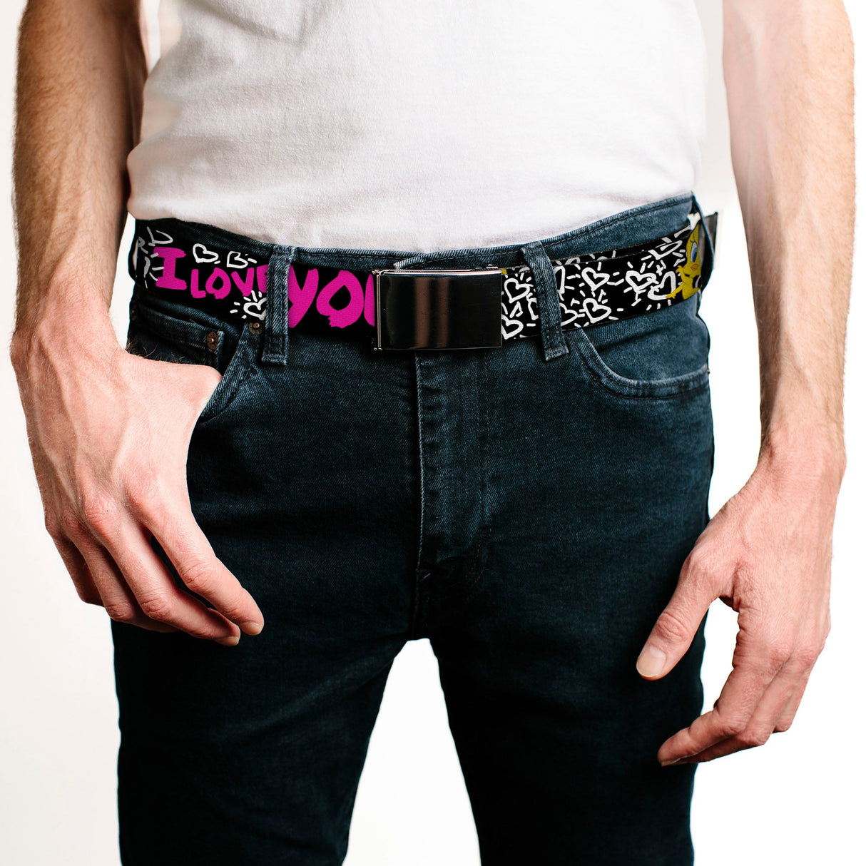 Chrome Buckle Web Belt - Tweety Bird I LOVE YOU Black/White/Pink Webbing