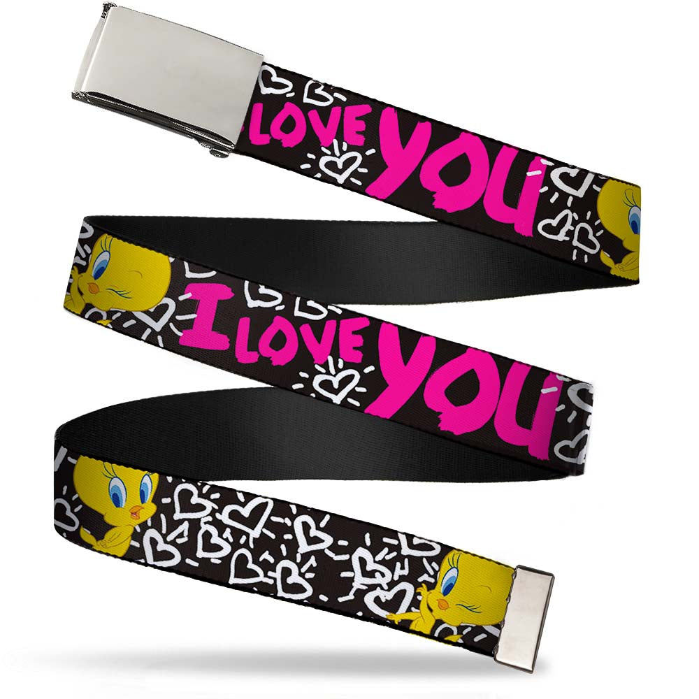 Chrome Buckle Web Belt - Tweety Bird I LOVE YOU Black/White/Pink Webbing