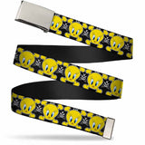 Chrome Buckle Web Belt - Tweety Bird & Crossbones Black/White/Yellow Webbing