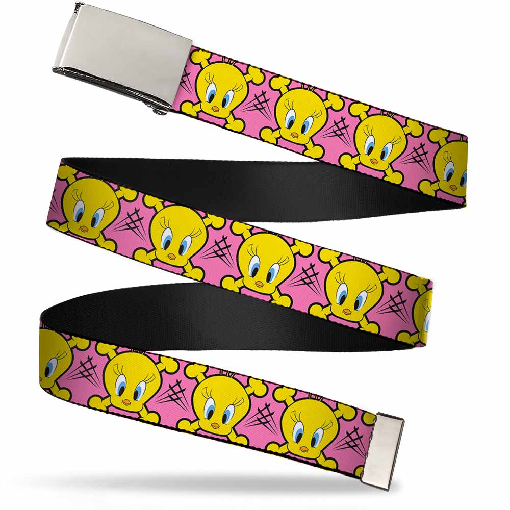 Chrome Buckle Web Belt - Tweety Bird & Crossbones Pink/Black/Yellow Webbing