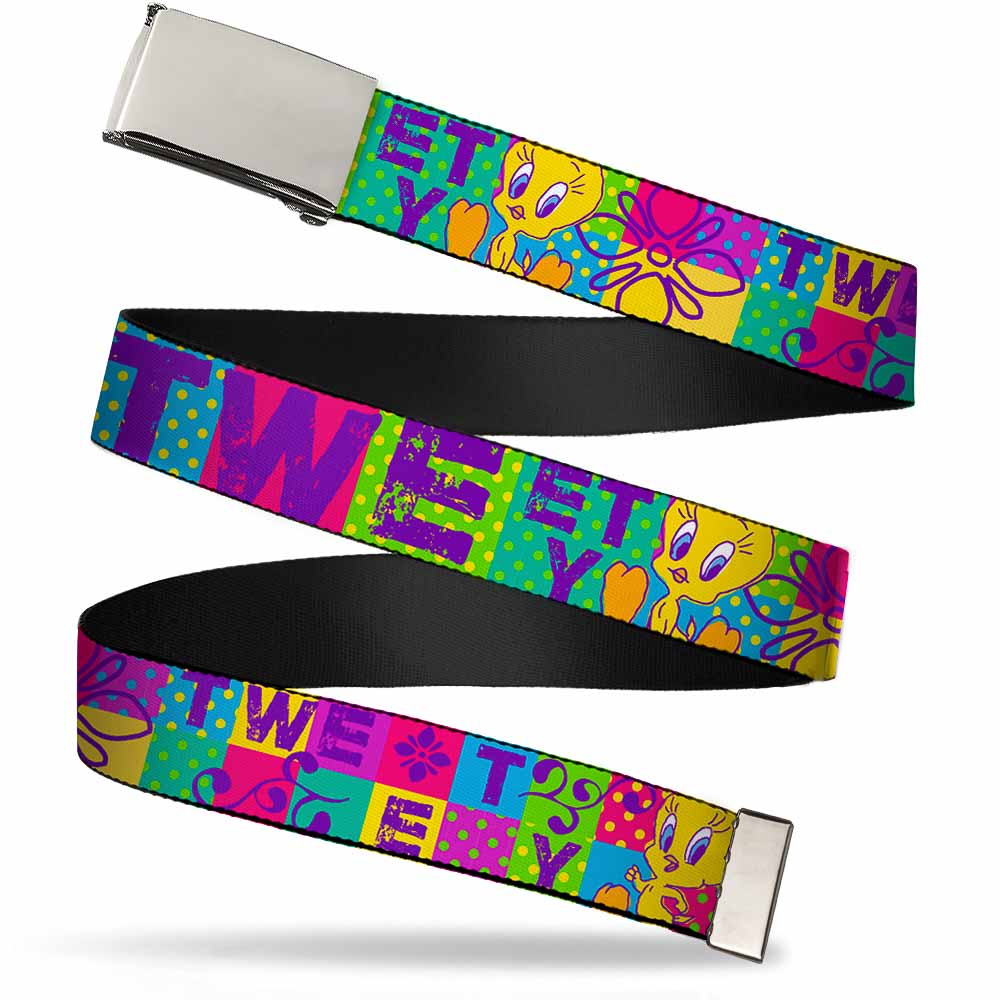 Chrome Buckle Web Belt - TWEETY Letter Blocks Polka Dot Multi Color Webbing