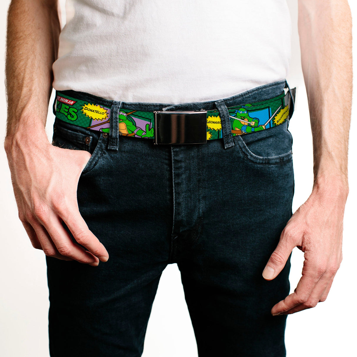 Chrome Buckle Web Belt - Classic TEENAGE MUTANT NINJA TURTLES Character Comic Scenes Webbing