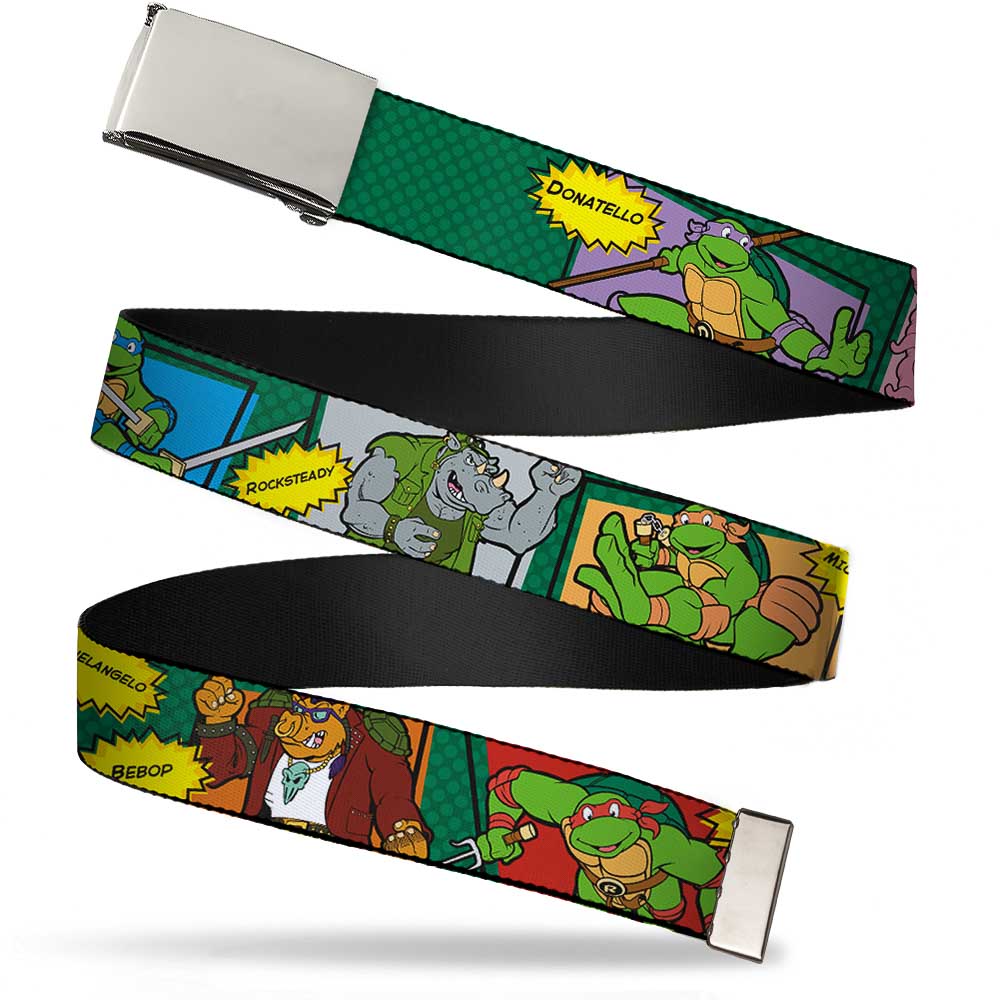 Chrome Buckle Web Belt - Classic TEENAGE MUTANT NINJA TURTLES Character Comic Scenes Webbing