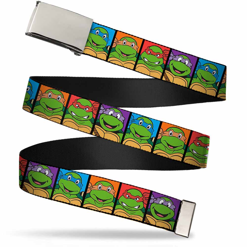 Chrome Buckle Web Belt - Classic Teenage Mutant Ninja Turtles Face Blocks Black/Multi Color Webbing