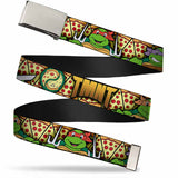 Chrome Buckle Web Belt - Classic Teenage Mutant Ninja Turtles Turtle Poses/Pizza Slices Webbing