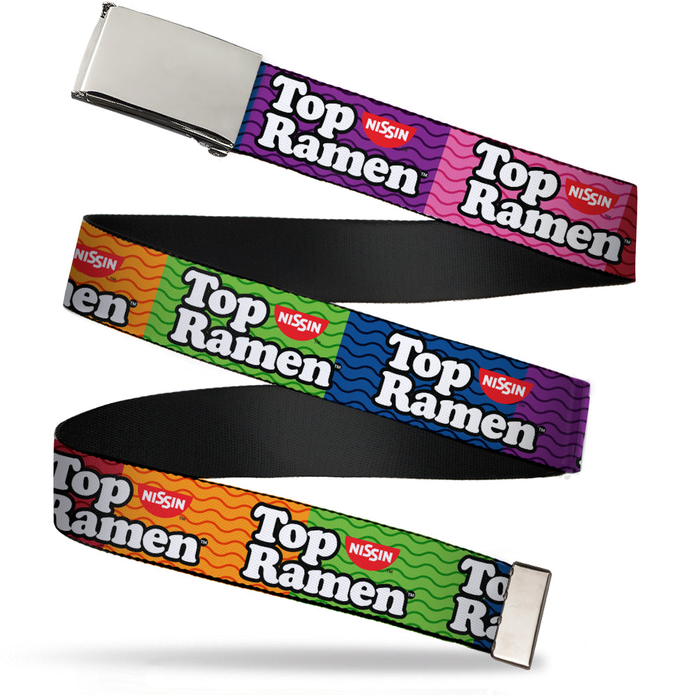 Chrome Buckle Web Belt - TOP RAMEN Noodle Wave Blocks Multi Color/Black/White Webbing