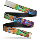 Web Belt Blank Chrome Buckle - Top Ramen Vivid Flavor Packages Stacked Multi Color Webbing