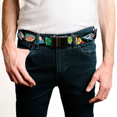 Chrome Buckle Web Belt - ROCKO'S MODERN LIFE Character Portraits/Triangles Black/Blue Webbing