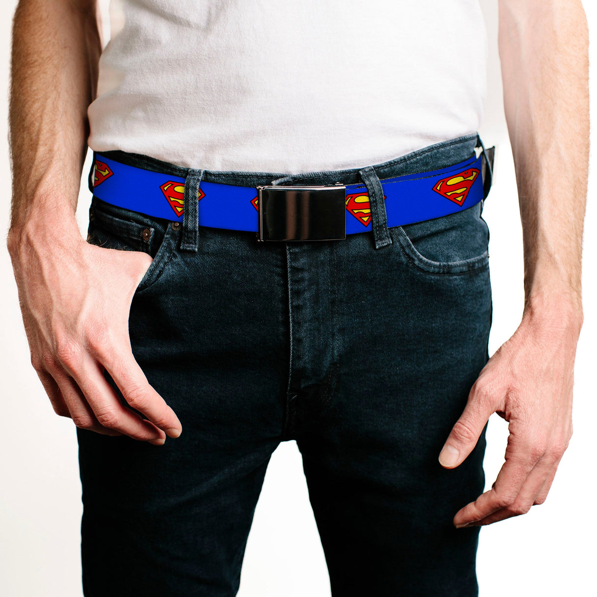 Chrome Buckle Web Belt - Superman Shield Blue Webbing