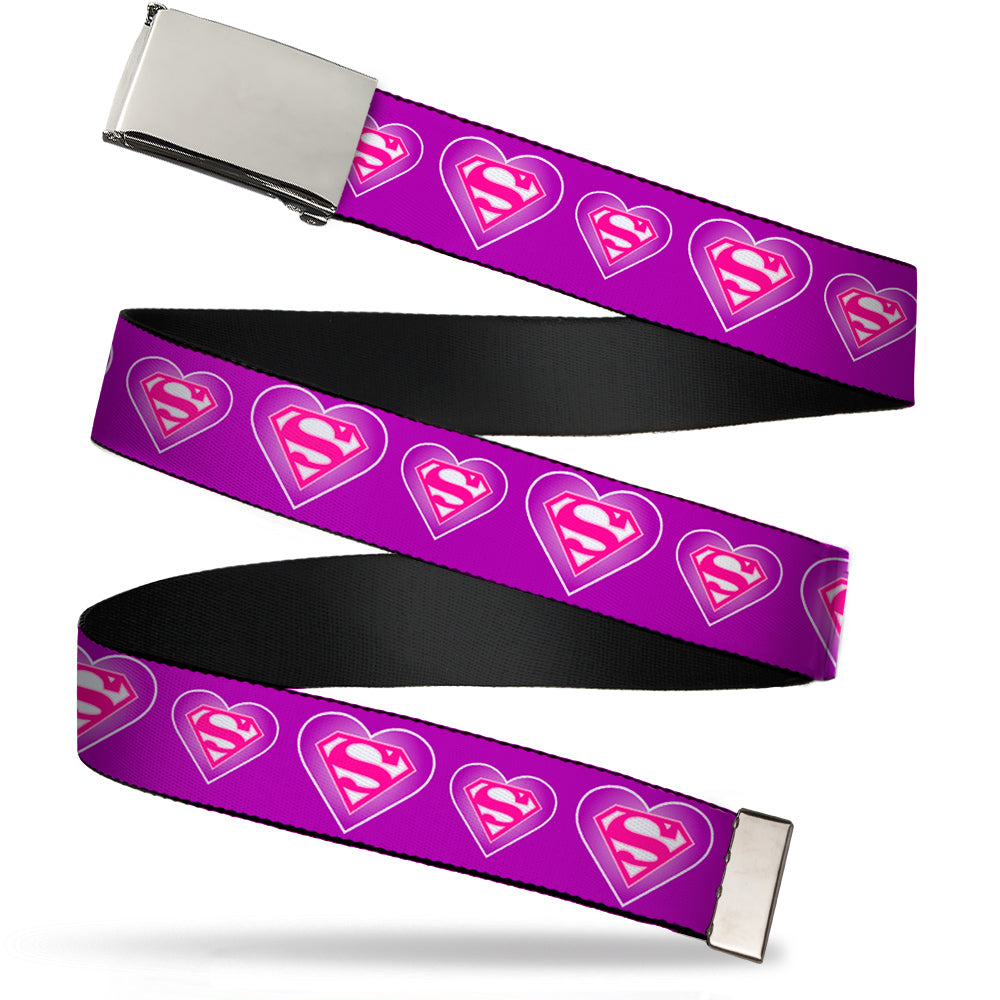 Chrome Buckle Web Belt - Superman Logo in Heart Purple/White/Pink Webbing